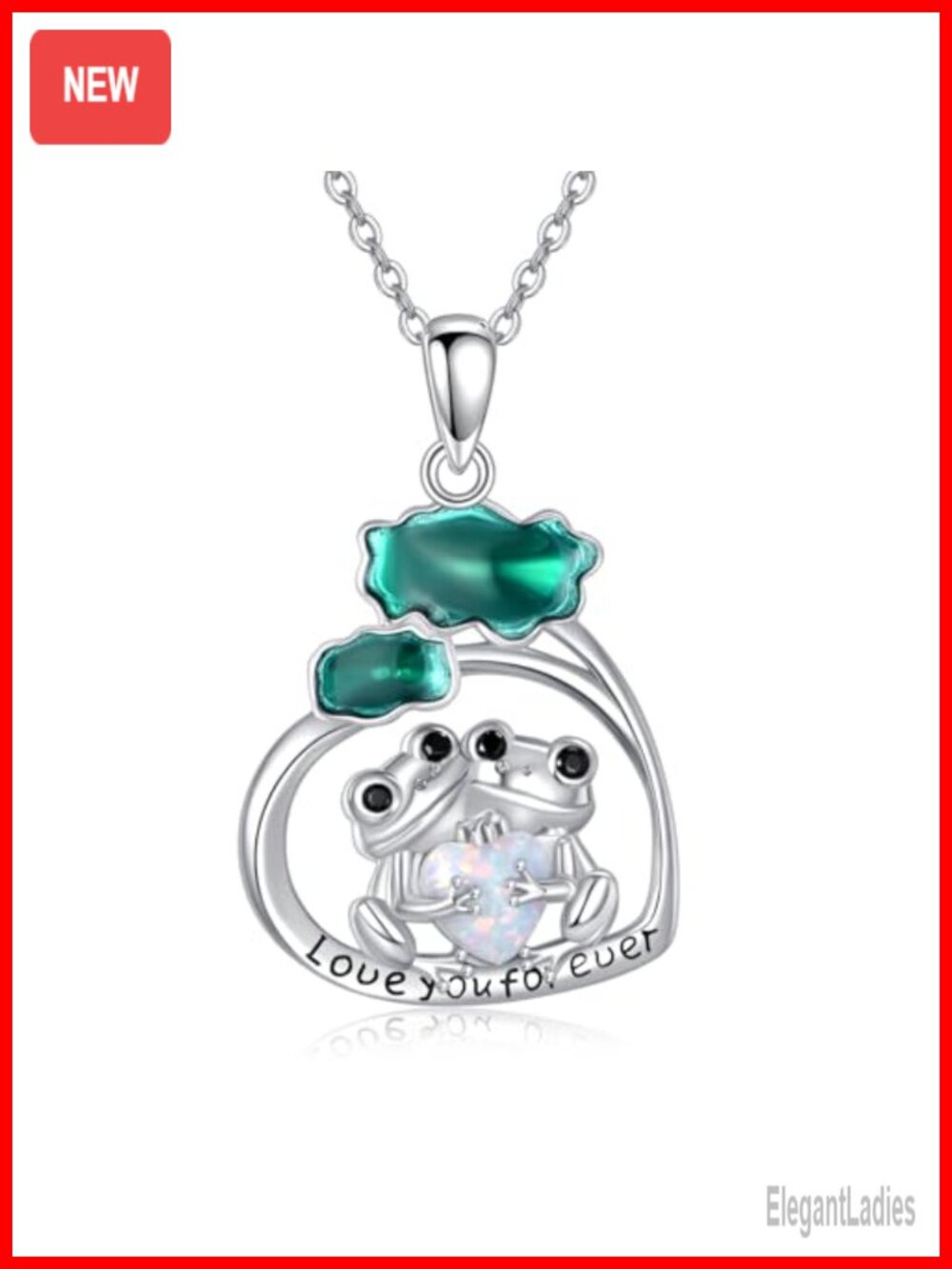 S925 Sterling Silver Frog Opal Heart Pendant Necklace Love You Forever